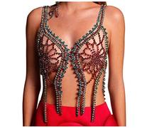 QINYUML Tocados Hecho a Mano de Lujo Rhinestone Sujetador Forma de Flores Tassel Cadena de Pecho Bikini Sujetador Top for Mujer Bling Crystal Hollow Bralette Window Tocado Boda(Colorful_Gold)