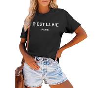 Qiqilyly Camiseta de mujer C'est La Vie Camiseta Paris Shirts Graphics Algodón Oversize Holgada Vintage Impresión Camiseta Verano Cuello Redondo Manga Corta Tops Casual Tops, Negro , L