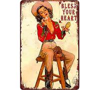 QIRIUS Letrero de metal sexy vaquera Pinup Girl Bless Your Heart Letreros de hojalata decoración de pared divertida decoración para el hogar, cocina, bar, vintage, retro, carteles de placa de 12 x 8