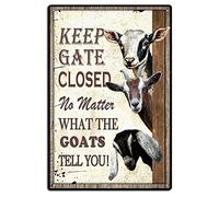 QISPIOD - Divertida señal de advertencia con texto en inglés "Keep Gate Closed No Matter What The Goats Tell You" vintage de metal de estaño tres lindas cabras para el hogar, granja, puerta, pared