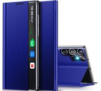 Qissy Funda para Samsung Galaxy S23 Ultra 5G View Clear Smart Window Leather para Samsung S23 Ultra Case Slim Mirror Hard PC Kickstand Luxury Flip Shock Galaxy S23 Ultra Cover Protective (azul)
