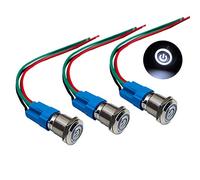QitinDasen 3Pcs Premium 12V / 24V 3A Interruptor de Botón Autoblocante, 12mm Interruptor de Botón Metálico, LED Blanco Interruptor Pulsador Impermeable IP66 con Enchufe de Cable
