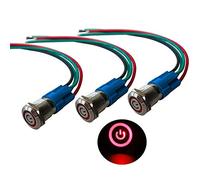 QitinDasen 3Pcs Premium 12V / 24V 3A Interruptor de Botón Autoblocante, 12mm Interruptor de Botón Metálico, LED Rojo Interruptor Pulsador Impermeable IP66 con Enchufe de Cable