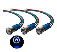 QitinDasen 3Pcs Premium 12V / 24V 3A Interruptor de Botón Autoblocante, 12mm Interruptor de Botón Metálico, LED Azul Interruptor Pulsador Impermeable IP66 con Enchufe de Cable