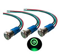 QitinDasen 3Pcs Premium 12V / 24V 3A Interruptor de Botón Autoblocante, 12mm Interruptor de Botón Metálico, LED Verde Interruptor Pulsador Impermeable IP66 con Enchufe de Cable