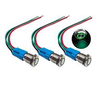 QitinDasen 3Pcs Premium 12V / 24V 3A Interruptor de Botón Momentáneo, 12mm Interruptor de Botón Metálico, LED Verde Interruptor Pulsador Impermeable IP66 con Enchufe de Cable