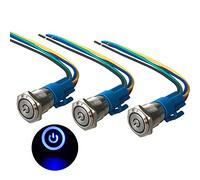 QitinDasen 3Pcs Premium 12V / 24V 5A Interruptor de Botón Autoblocante, 16mm Interruptor de Botón Metálico, LED Azul Interruptor Pulsador Impermeable IP67 con Enchufe de Cable