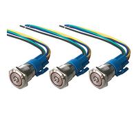 QitinDasen 3Pcs Premium 12V / 24V 5A Interruptor de Botón Autoblocante, 16mm Interruptor de Botón Metálico, LED Rojo Interruptor Pulsador Impermeable IP67 con Enchufe de Cable