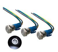 QitinDasen 3Pcs Premium 12V / 24V 5A Interruptor de Botón Autoblocante, 16mm Interruptor de Botón Metálico, LED Blanco Interruptor Pulsador Impermeable IP67 con Enchufe de Cable