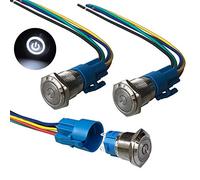 QitinDasen 3Pcs Premium 12V / 24V 5A Interruptor de Botón Autoblocante, 19mm Interruptor de Botón Metálico, LED Blanco Interruptor Pulsador Impermeable IP67 con Enchufe de Cable