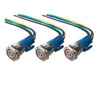 QitinDasen 3Pcs Premium 12V / 24V 5A Interruptor de Botón Autoblocante, 19mm Interruptor de Botón Metálico, LED Rojo Interruptor Pulsador Impermeable IP67 con Enchufe de Cable