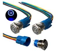 QitinDasen 3Pcs Premium 12V / 24V 5A Interruptor de Botón Autoblocante, 19mm Interruptor de Botón Metálico, LED Azul Interruptor Pulsador Impermeable IP67 con Enchufe de Cable
