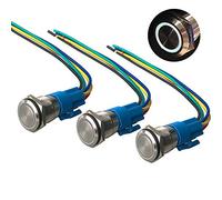 QitinDasen 3Pcs Premium 12V / 24V 5A Interruptor de Botón Momentáneo, 16mm Interruptor de Botón Metálico, LED Blanco Interruptor Pulsador Impermeable IP67 con Enchufe de Cable