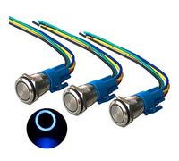 QitinDasen 3Pcs Premium 12V / 24V 5A Interruptor de Botón Momentáneo, 16mm Interruptor de Botón Metálico, LED Azul Interruptor Pulsador Impermeable IP67 con Enchufe de Cable
