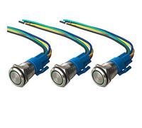 QitinDasen 3Pcs Premium 12V / 24V 5A Interruptor de Botón Momentáneo, 19mm Interruptor de Botón Metálico, LED Verde Interruptor Pulsador Impermeable IP67 con Enchufe de Cable