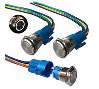 QitinDasen 3Pcs Premium 12V / 24V 5A Interruptor de Botón Momentáneo, 19mm Interruptor de Botón Metálico, LED Blanco Interruptor Pulsador Impermeable IP67 con Enchufe de Cable