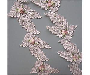 Qiuda 2 metros 12 × 7 cm de ancho cinta de encaje en forma de hoja Mini flor perla borde blanco rosa verde 3 colores recortes de tela vintage para coser manualidades vestido Hem Cake, Rosa, 12×7cm