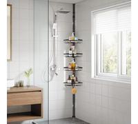 QIUFEN Telescópica Estantería Ducha, Esquina Estante Ducha, Estanteria baño Sin Taladro, Estanteria Ducha con 4 Cestas para Bañera y Baño, Altura Ajustable 73-302 CM (Negro)