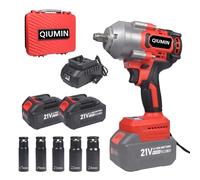 QIUMIN Atornillador de impacto sin escobillas, 1000 Nm, 21 V, 1/2 pulgadas, con 2 baterías de 4,0 Ah, cargador rápido y 5 llaves de vaso (17/19/21/22/24 mm), para coche, taller y bricolaje