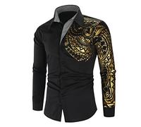 QIUNI Camisa Negra Dorada de Lujo Hombres Nuevo Ajuste Delgado Manga Larga Oro Negro Chemise Social Men Club Camisa de Baile