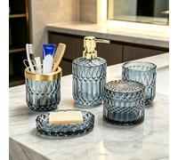 Qivine Juego de 5 Accesorios de Baño de Cristal Azul, Accesorios Baño con Dispensador de Loción, Jabonera, Soporte Cepillo de Dientes, Vaso, Tarros de Hisopo de Algodón