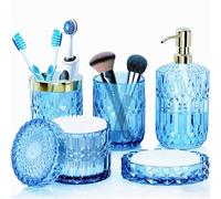 Qivine Juego de 5 Accesorios de Baño de Cristal Azul, Set de Baño con Dispensador Jabon, Jabonera, Soporte Cepillo de Dientes, Vaso, Tarros de Hisopo de Algodón, para Cocina Dormitorio
