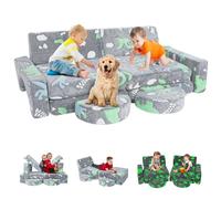 Qivine Sofá infantil 10 en 1 Convertible, Sofá Cama Luminoso para Niños, Sillón Infantil Plegable con Respaldos, Reposabrazos y Cojines, Suave y Elástico, para Salón de Juegos, Dinosaurios