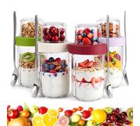Qivra 4er Set Overnight Oats Jar 621ml, 16oz + 5oz Taza de Cereales y Yogur para Llevar con Tapa, 2 en 1 Vasos Yogurtera Reutilizado con 4pcs Cuchara para Fruta Yogur Nuez