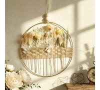 Qivra Coronas de Flores Decorativas, 25 * 25cm Coronas para Puertas Decorativas de Flores Secas, Corona de Flores Secas con Anillo de Metal Dorado para Sala De Estar, Pared y Puerta