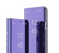 QIWEIQING Funda Compatible con Samsung Galaxy A51 4G, Espejo Flip Clear View Makeup Carcasa Protectora PC + PU con función de Soporte Caso para Samsung Galaxy A51 4G Mirror Purple QH