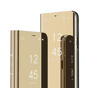 QIWEIQING Funda Compatible con Samsung Galaxy Note 10, Carcasa Samsung Note 10 Espejo Design Clear View Makeup Protectora Flip PC + PU Caso para Galaxy Note 10 Mirror Gold QH