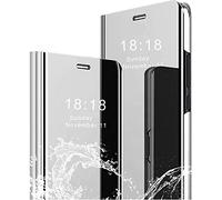 QIWEIQING Funda Compatible con Samsung Galaxy S24 Ultra, Espejo Flip Clear View Makeup Carcasa Protectora PC + PU con función de Soporte Caso para Galaxy S24 Ultra Flip Mirror Silver QH