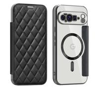 QIWEIQING Funda Magnética para Google Pixel 10 Compatible con MagSafe, Fundas de Cuero PU Tipo Libro con Compartimento para Tarjetas, Transparente Cover para Google Pixel 10 Pro. Negro XFC