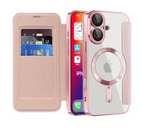 QIWEIQING Funda Magnética para iPhone 16, Carcasa Libro con Tapa de Cuero Flip Folio con Ranura para Tarjeta, Bloqueo RFID Antigolpes Protectora para iPhone 16 .Oro Rosa JDC