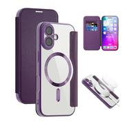 QIWEIQING Funda Magnética para iPhone 17 Compatible con MagSafe, Fundas de Cuero PU Tipo Libro con Compartimento para Tarjetas, Bloqueo RFID Funda Transparente para iPhone 17.Morado JDC