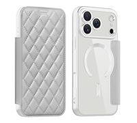 QIWEIQING Funda Magnética para iPhone 17 Pro 2025 Carcasa Compatible con Magsafe, Parte Trasera Transparente Anti-Arañazos Tapa de Cuero Flip Case Funda para iPhone 17 Pro 6.3" .Gris XFC