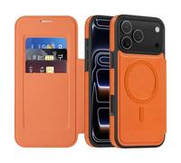 QIWEIQING Funda Magnética para iPhone 17 Pro 2025 Compatible con MagSafe, Funda de Cuero PU Tipo Libro con Compartimento para Tarjetas, Bloqueo RFID Clear Funda para iPhone 17 Pro 2025.Orange LDX