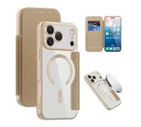 QIWEIQING Funda Magnética para iPhone 17 Pro MAX, Compatible con MagSafe Cover de Cuero PU Tipo Libro con Compartimento para Tarjetas Transparente Funda para iPhone 17 Pro MAX .Dorado JDC