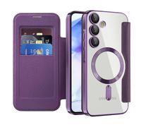 QIWEIQING Funda Magnética para Samsung Galaxy A55 5G con mag-Safe, Funda Cuero PU Tipo Libro con Compartimento para Tarjetas Bloqueo RFID Funda Transparente para Galaxy A55 5G.Morado JDC