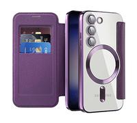 QIWEIQING Funda Magnética para Samsung Galaxy S23, Compatible con MagSafe, Funda de Cuero PU Tipo Libro con Compartimento para Tarjetas, Bloqueo RFID Funda Transparente para Galaxy S23.Morado JDC