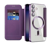 QIWEIQING Funda Magnética para Samsung Galaxy S24 con MagSafe, Funda de Cuero PU Tipo Libro con Compartimento para Tarjetas, Bloqueo RFID Funda Transparente para Galaxy S24 Plus.Morado JDC