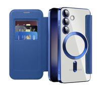 QIWEIQING Funda Magnética para Samsung Galaxy S24 con Porta Tarjetas de Crédito Bloqueo RFID Resistente a Impactos, Antirrayaduras, Trasera Transparente Funda para Samsung Galaxy S24. Azul JDC