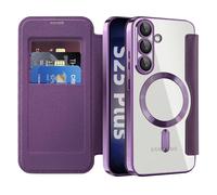 QIWEIQING Funda Magnética para Samsung Galaxy S25 con MagSafe, Funda de Cuero PU Tipo Libro con Compartimento para Tarjetas, Bloqueo RFID Funda Transparente para Galaxy S25 Plus.Morado JDC