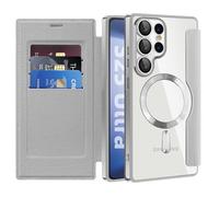 QIWEIQING Funda Magnética para Samsung Galaxy S26 Ultra Carcasa Compatible con Magsafe, Parte Trasera Transparente Anti-Arañazos Tapa de Cuero Flip Case Funda para Galaxy S26 Ultra .Gris JDC