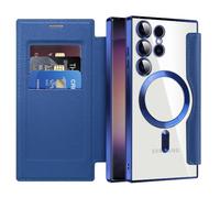 QIWEIQING Funda Magnética para Samsung S24 Ultra con Porta Tarjetas de Crédito Bloqueo RFID Resistente a Impactos, Antirrayaduras, Trasera Transparente Funda para Galaxy S24 Ultra. Azul JDC