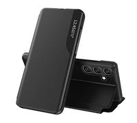 QIWEIQING Samsung Galaxy A35 5G Funda Carcasa Espejo Mirror Design Caso Clear View PC + Premium PU Piel Standing Protectora Flip Folio Cover Cubierta para Galaxy A35 5G. Flip Mirror Black QH3