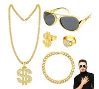 QIWEIS Disfraz de Collares Rapero 5 Piezas Kit de Disfraces de Hip Hop Collar Gafas de sol Doradas Anillo de Dólar Collar de Dólar para Unisex Carnaval Fiesta, Accesorios de Rapero