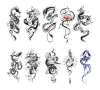 Qiwenr 10 Hojas Tatuajes Temporales de Dragón para Adultos, Tatuajes Falsos de Dragóns Negro, Dragón Falsas Tattoo Calcomanias Realistas, para Halloween, Cosplay, Fiesta, Pascua, Concierto, Duradero