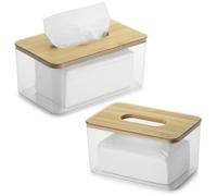 QIWODE Caja Pañuelos Papel Rectangular, Caja de Pañuelos Plástico con Tapa Bambú, Dispensador de Papel, Transparente (Paquete de 2)