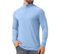 QIXING Camisas de protección solar UPF 50+ para hombre, manga larga, con cremallera de un cuarto, para exteriores, pesca, senderismo, camisetas de protección contra erupciones, azul claro, L